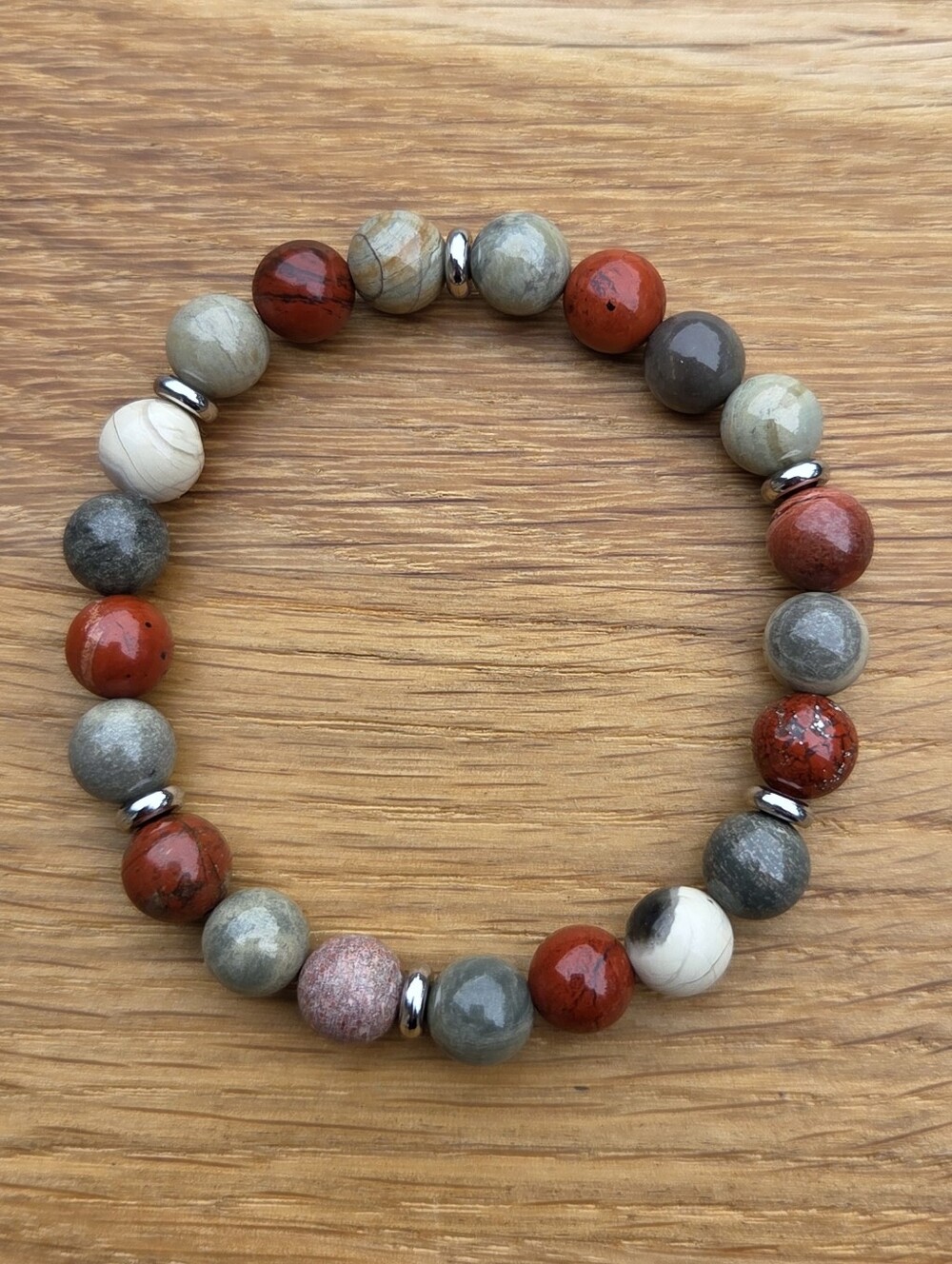 Red Silver Leaf Jasper Beads Stretch Bracelet - Hand Crafted